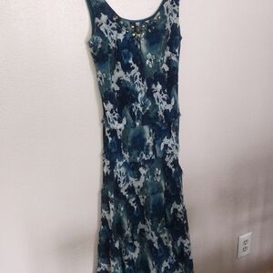 Christopher & Banks Teal Blue Floral Maxi Dress with Embellished Neckline